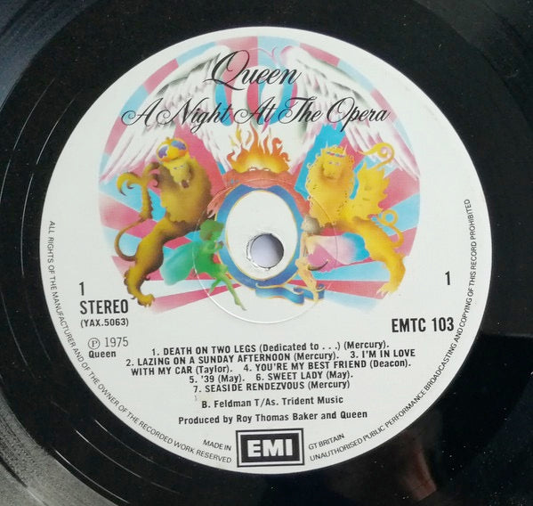 Image of Label Cover of LP - VG/VG - QUEEN, A Night At The Opera (EMI; EMTC 103, UK 1975, Embossed Gatefold Sleeve, Inner With 3 Cut Corners, Side1 YAX5063-2/Side2 YAX5064-3 & Blairs), Scuffs & hairlines, ring wear, - 3146240S