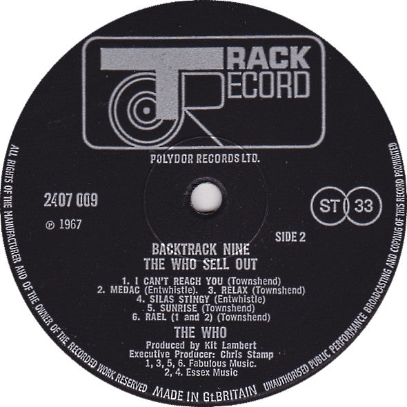 Image of Label Cover of 0225030E: LP - THE WHO, Backtrack 9 - Sell Out (Track; 2407009, UK 1970 Reissue, Stereo) VG/VG