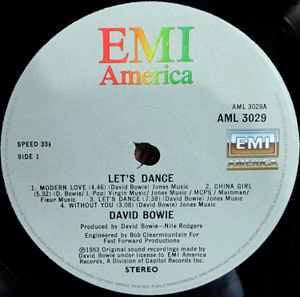Image of Label Cover of 4825260E: LP - DAVID BOWIE, Let's Dance (EMI America; AML 3029, UK 1983, Inner With Rounded Corners, "Nickz" Runout Both Sides) Edge wear VG/VG