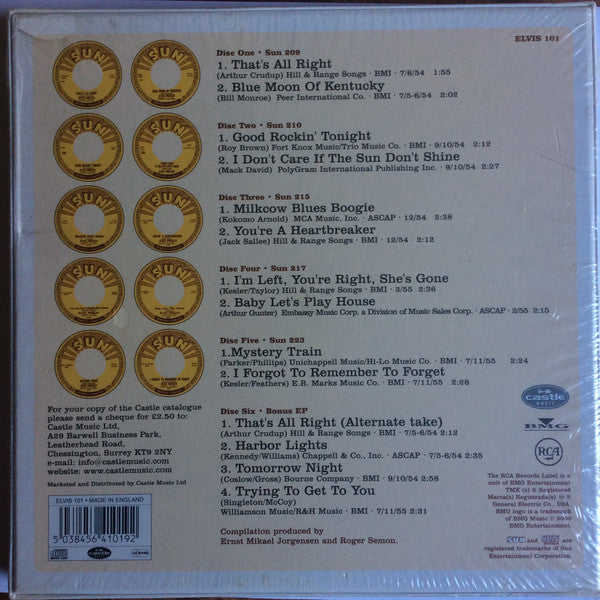 Image of Back Cover of 6x7" - VG/EX - ELVIS PRESLEY, Sun Singles (RCA ; ELVIS 101, Europe 2000 Reissue, Box Set, Insert), Records And Individual Sleeves Are EX, Box Is Torn And Repaired With Tape In Three Places, - 3326188E