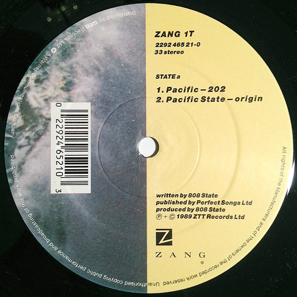 Image of Label Cover of 12" - VG/G+ - 808 STATE, Pacific (ZTT ; ZANG 1T, UK 1989, Picture Sleeve, MT Plating), Lots of marks and scuffs across each side. Sleeve is ringworn and tatty., - 3816580C