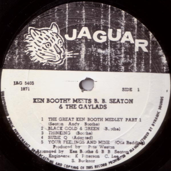 Image of Label Cover of LP - VG+/VG - KEN BOOTHE MEETS B.B. SEATON & THE GAYLADS, The Great Ken Boothe Meets B.B. Seaton & The Gaylads (Jaguar; JAG 5405, Jamaica 1980s Reissue), Pressing dents on vinyl & slight warp but plays well. Light ringwear on sleeve., - 1926125E