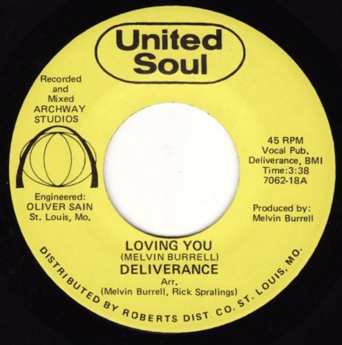 Image of Back Cover of 7" - /EX - DELIVERANCE, Loving You / Sittin' Around (United Soul; 7062-18, US 1977, Plain sleeve), , - 2926295E