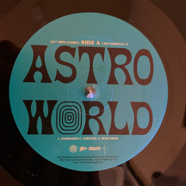 Image of Label Cover of 2xLP - NEW/NEW - TRAVIS SCOTT, Astroworld (Epic; 19075888361, Europe 2018, 2 Inners), , The Weeknd, Kid Cudi, Frank Ocean, Drake, James Blake, Philip Bailey, 21 Savage, Swae Lee, Gunna, Nav, Quavo, Takeoff, Juice Wrld, Sheck Wes, and Don Toliver all contribute vocals to the album. Multiple producers worked on the album, including Scott, Mike Dean, Allen Ritter, Hit-Boy, WondaGurl, Tay Keith, Tame Impala, Frank Dukes, Sonny Digital, Murda Beatz, and Thundercat. It has the "Butterfly E
