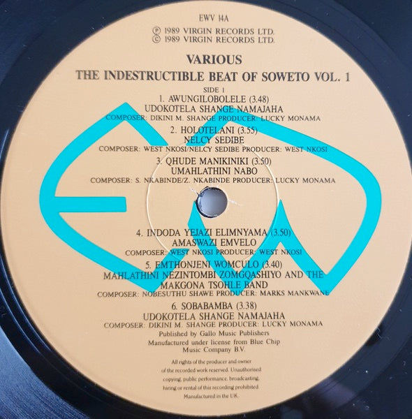 Image of Label Cover of LP - VG/VG+ - VARIOUS, The Indestructible Beat Of Soweto, Volume 1 (Earthworks ; EWV 14, UK 1989), Disc looks unplayed. Top seam starting to burst., - 4216391C