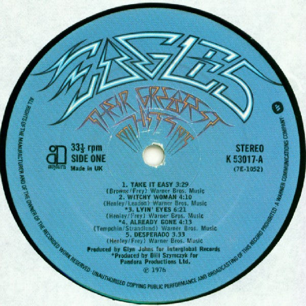 Image of Label Cover of LP - VG/VG - EAGLES, Their Greatest Hits (1971-1975) (Asylum Records Custom Label; K 53017, UK 1970s Reissue, Embossed Sleeve), , - 3926331E