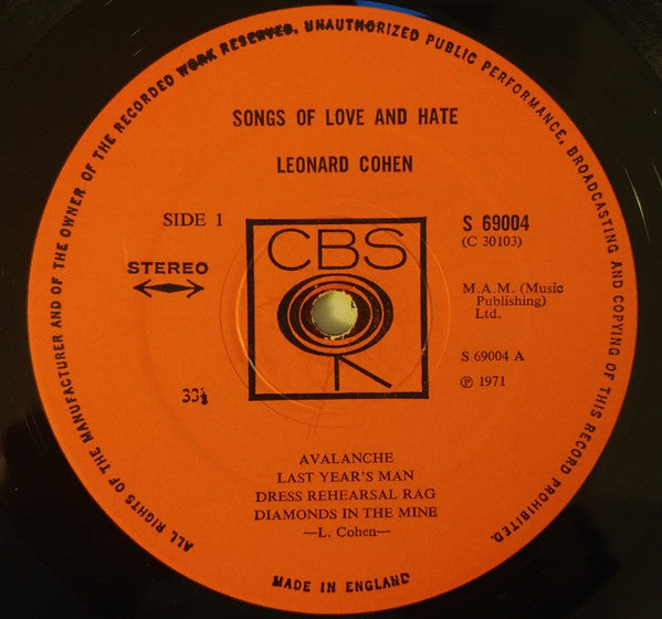 Image of Label Cover of LP - VG/G+ - LEONARD COHEN, Songs Of Love And Hate (CBS Orange Label; 69004, UK 1971, No Booklet, No track numbering on labels.), Hairline marks and some mottling, Sleeve a tad worn, No Booklet, - 3216400C