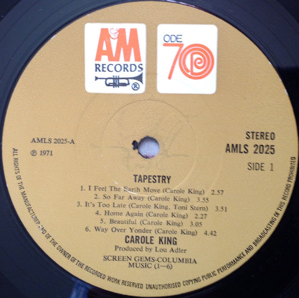Image of Label Cover of LP - VG+/VG+ - CAROLE KING, Tapestry (A&M Tan With Red Ode 70 Logo; AMLS2025, UK 1971, Single Sleeve, No Made In England on Label, No Asterisk Or Text Beneath A&M Logo), , - 3326108E