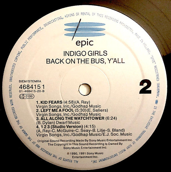 Image of Label Cover of 4115144C: LP - INDIGO GIRLS, Live: Back On The Bus, Y'All (Epic ; 468415 1, Europe 1991) Nice copy VG+/VG+