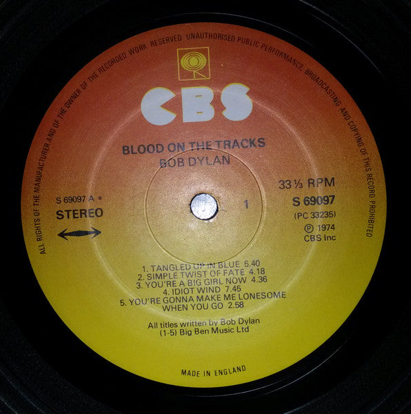Image of Label Cover of LP - VG/VG - BOB DYLAN, Blood on the Tracks (CBS Orange/Yellow; 69097, UK 1970s Reissue, Inner, A2/B3), String VG - a few hairlines, edge wear, - 2946132S