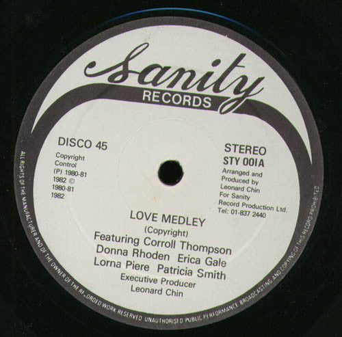 Image of Front Cover of 12" - VG/EX - CAROLL THOMPSON / DONNA RHODEN / ERICA GALE / LORNA PIERRE / PATRICIA SMITH, Love Medley / Midnight Serenade (Sanity Records ; STY 001, UK 1980s, Company Sleeve), Looks unplayed. Clean labels. Stains on company sleeve, sticker at the back., - 4016094C