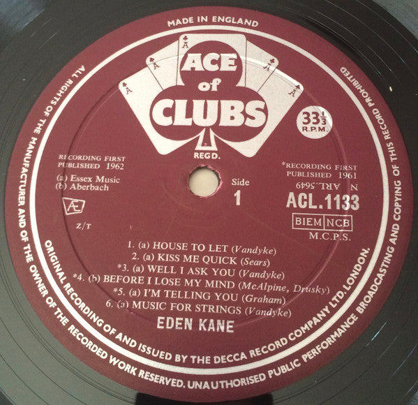 Image of Label Cover of 2925283E: LP - EDEN KANE, Eden Kane (Ace Of Clubs ; ACL 1133, UK 1962, Laminated Flipback Sleeve) Strong VG+ VG+/VG+