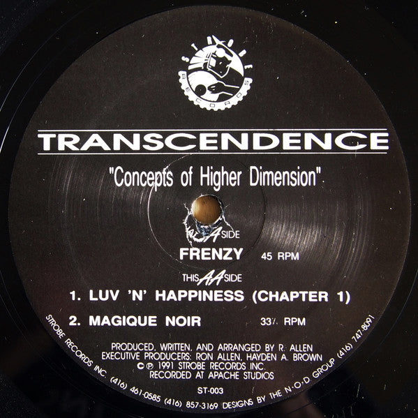 Image of Back Cover of 12" - VG+/VG+ - TRANSCENDENCE, Concepts Of Higher Dimension (Strobe Records ; ST-003, Canada 1991, Stickered Plain Sleeve), Still In Opened Shrinkwrap, - 2746205S