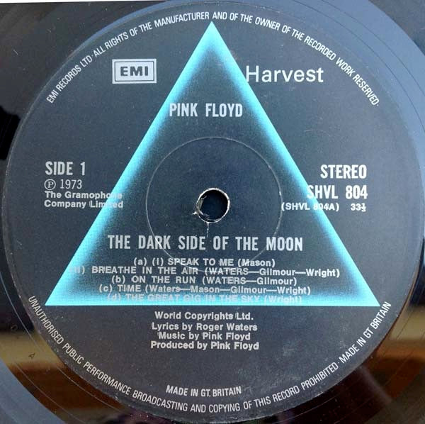 Image of Label Cover of LP - VG/F - PINK FLOYD, The Dark Side Of The Moon (Harvest EMI Box, EMI Rim; SHVL 804, UK 1973, Stickered Sleeve, No Posters, No Stickers, 3rd UK pressing - A3/B3 matrix), Lots of hairlines, Scuffy marks and some chemical discolouration, Sleeve has marks imprinted onto front but nicely intact with sticker. No bits., - 2216310C