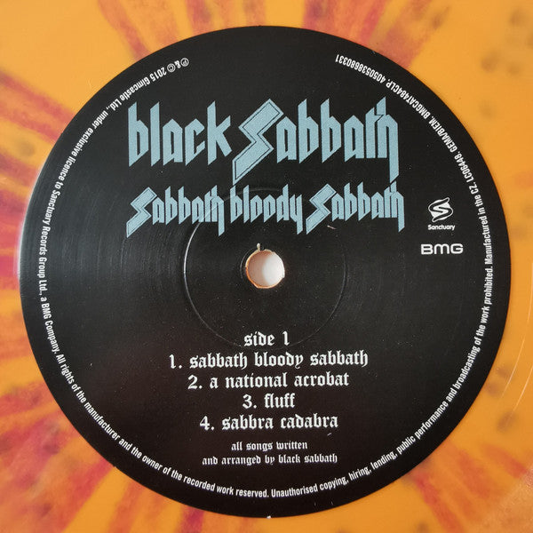 Image of Label Cover of 0326283E: LP - BLACK SABBATH, Sabbath Bloody Sabbath (BMG ; BMGCAT484CLP, Europe 2021 Reissue, Gatefold, Inner, Limited Edition, Orange With Purple Splatter) Light corner wear. VG+/VG+