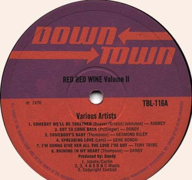 Image of Label Cover of LP - G+/G+ - VARIOUS ARTISTS, Red Red Wine - Volume Two (Downtown; TBL-116, UK 1970, Laminated Front Sleeve), Very conservative grading : lots of light lines on disc, still shiny. Creases and corners bent on sleeve, but looks very nice still., - 2916051C