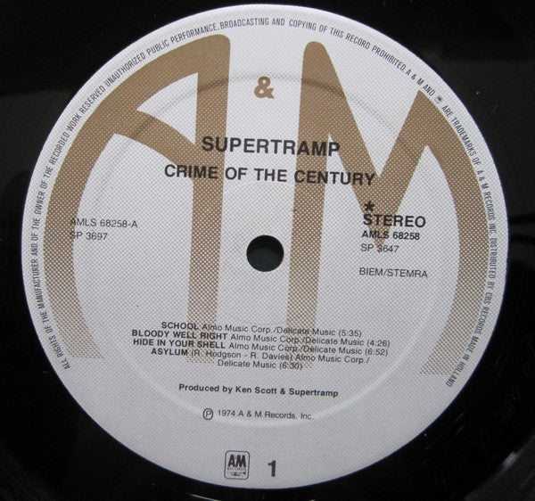 Image of Label Cover of LP - VG/VG - SUPERTRAMP, Crime of the Century (A&M; AMLS 68258, Netherlands 1970s Reissue, Inner), , - 2626241E