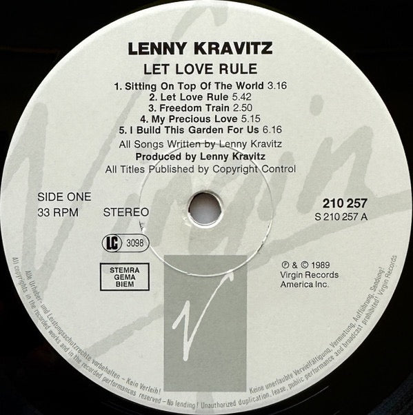 Image of Label Cover of LP - VG/G - LENNY KRAVITZ, Let Love Rule (Virgin; VUSLP 10, Europe 1989, Inner), , - 2616172C