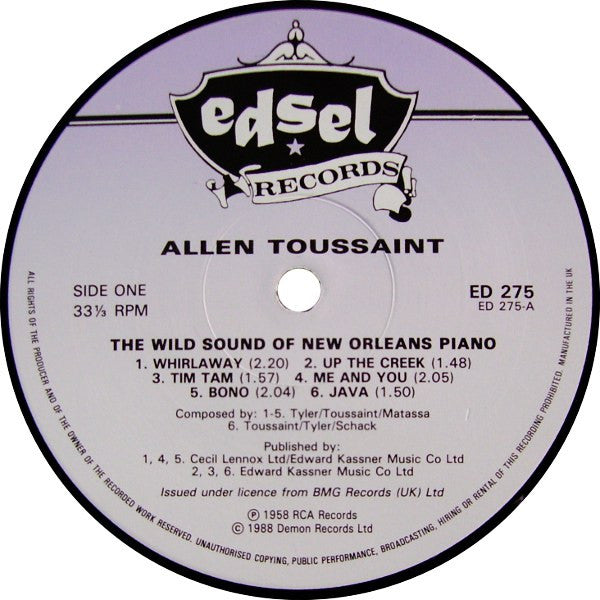 Image of Label Cover of LP - VG/VG - ALLEN TOUSSAINT, The Wild Sound Of New Orleans By Tousan (Edsel Records ; ED 275, UK 1988 Reissue), , - 3126028E