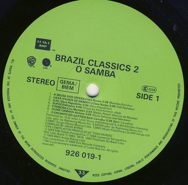 Image of Label Cover of LP - VG/VG+ - VARIOUS ARTISTS, Brazil Classics 2: O Samba (Sire / Luaka Bop; 926 019-1, Europe 1989, Inner), Cut to sleeve., - 2516481C