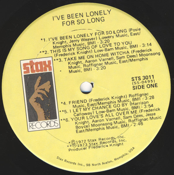 Image of Label Cover of LP - /G+ - FREDERICK KNIGHT, I've Been Lonely For So Long (Stax ; STS-3011, US 1973, Pasteback Sleeve), Marks on vinyl. Plays above grade. Cut out corner., - 4346174S