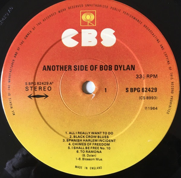 Image of Label Cover of LP - VG/VG - BOB DYLAN, Another Side Of Bob Dylan (CBS Sunburst Label; SBPG 62429, UK 1970s Reissue), Strong VG, - 1516496C