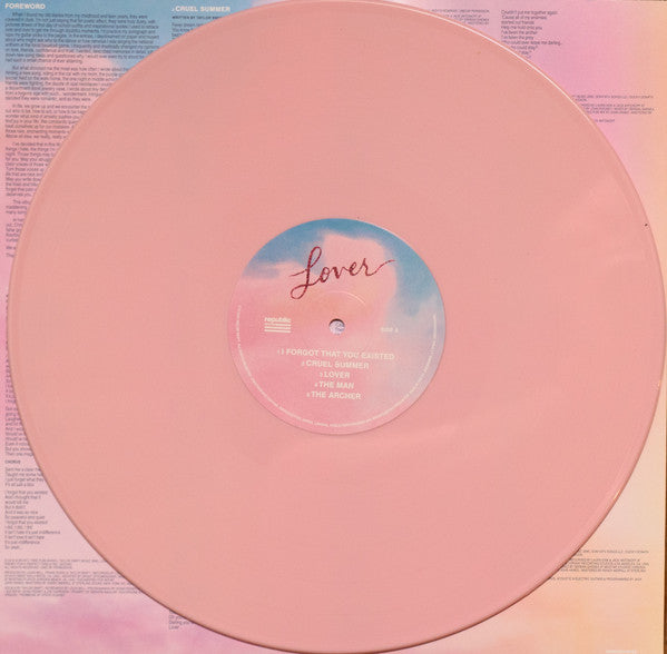 Image of Label Cover of 2xLP - NEW/NEW - TAYLOR SWIFT, Lover (Republic Records; 814845, Europe 2019, 2 Inners, 1 x Baby Pink Vinyl 1 x Light Blue Translucent Vinyl), , Vinyl issue GRAMMY Award-winning, record-breaking superstar s seventh album. Cementing her status as a worldwide critical phenomenon, Taylor captures #1 on the Billboard Hot 100 Songwriters Chart for the third consecutive week, anchored by Lover, You Need To Calm Down and ME! featuring Brendon Urie of Panic! At The Disco. - 2456249S