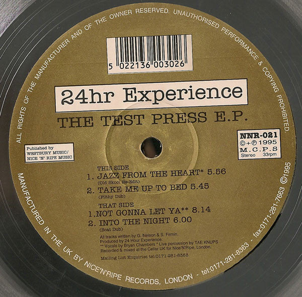 Image of Front Cover of 12" - /VG+ - 24HR EXPERIENCE, The Test Press E.P. (Nice 'N' Ripe ; NNR-021, UK 1995, Clear Vinyl), , - 3946418S