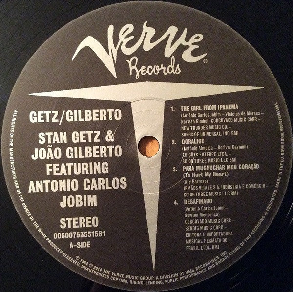 Image of Label Cover of LP - VG+/VG+ - STAN GETZ, JOAO GILBERTO FEATURING ANTONIO CARLOS JOBIM, Getz / Gilberto (Verve Records ; 0600753551561, Europe 2014 Reissue), Light marks only. Creasing, corner bump and light edge wear., - 3846254S
