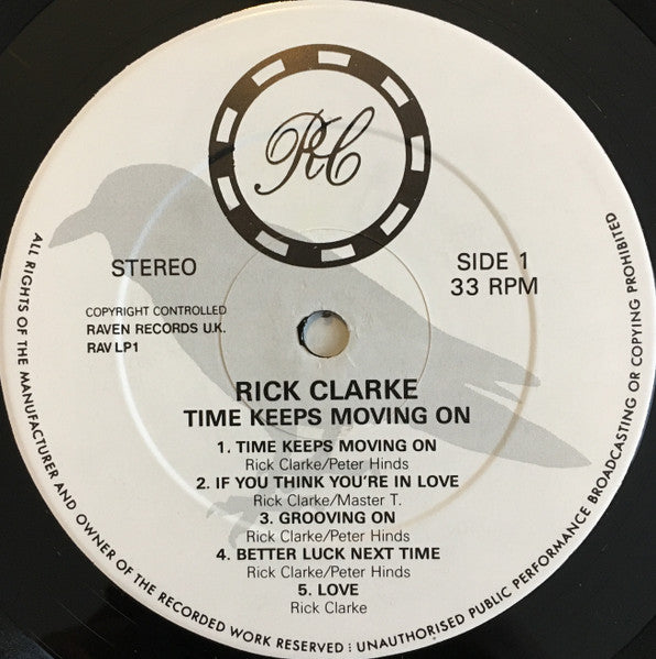 Image of Label Cover of LP - VG/G+ - RICK CLARKE, Time Keeps Moving On (Raven Records; RAV LP1, UK 1988), Edge Wear, - 2446158S