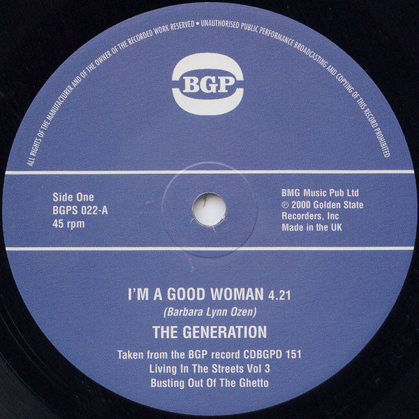 Image of Front Cover of 7" - /EX - THE GENERATION / WALLY COX AND NATE BRANCH, I'm A Good Woman / Za Zu (BGP Records ; BGPS 022, UK 2003, Plain Sleeve), , - 2956093S