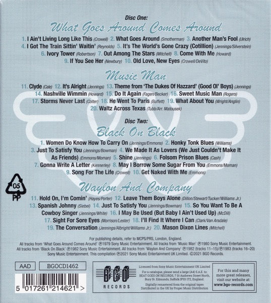 Image of Back Cover of 2xCD - VG+/VG+ - WAYLON JENNINGS, What Goes Around Comes Around / Music Man / Black On Black / Waylon And Company (BGO Records ; BGOCD1462, UK 2021, Card Slipcase with Jewel Case inside), , - 4236081E