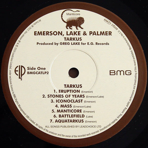 Image of Label Cover of LP - NEW/NEW - ELP (EMERSON, LAKE & PALMER), Tarkus (BMG ; BMGCATLP2, UK, Europe & US 2016 Reissue, Inner), , Tarkus is the second studio album by the English progressive rock band Emerson, Lake & Palmer, released on Island Records in June 1971. Following their European tour in 1970, the band returned to London's Advision Studios in January 1971 to prepare material for a follow-up. - 1316289C