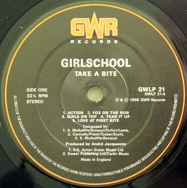 Image of Label Cover of LP - VG+/VG+ - GIRLSCHOOL, Take A Bite (GWR Records ; GWLP 21, UK 1988), Strong VG+, - 2726253E