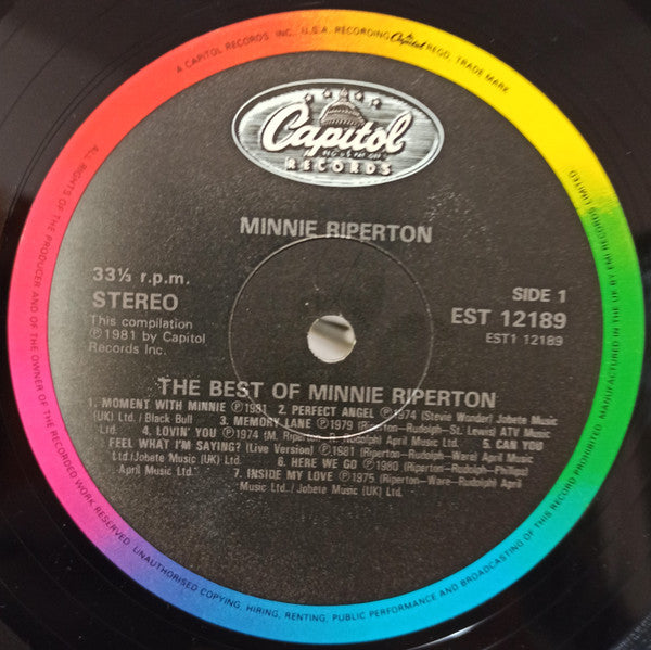 Image of Label Cover of LP - VG+/VG - MINNIE RIPERTON, The Best Of Minnie Riperton (Capitol Colorband; EST 12189, UK 1981), , - 4026110E