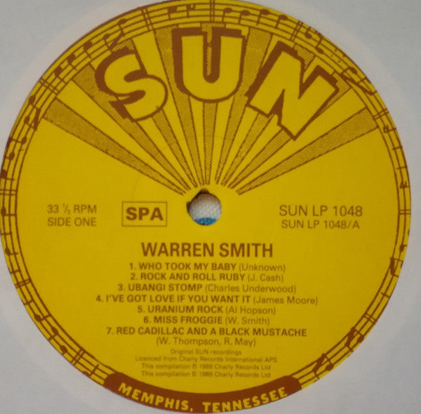 Image of Label Cover of 1645026S: LP - WARREN SMITH, Warren Smith (Sun; SUN LP 1048, UK 1989) Hairlines. Seam splitting to spine, faint ring wear, discolouration, tear to opening edge VG/VG