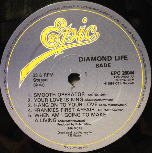 Image of Label Cover of LP - G/VG - SADE, Diamond Life (Epic Light Blue / Yellow "Fading Effect" Labels; EPC 26044, UK 1984, Gatefold), Light hairlines. Ringwear. Spine of sleeve is very frayed and tatty., - 3926172E