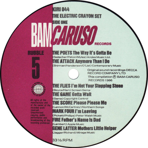 Image of Label Cover of LP - VG+/VG+ - VARIOUS, Rubble 5 - Electric Crayon Set (Bam Caruso; KIRI044, UK 1986, Inner), One bumped corner, - 2926080E