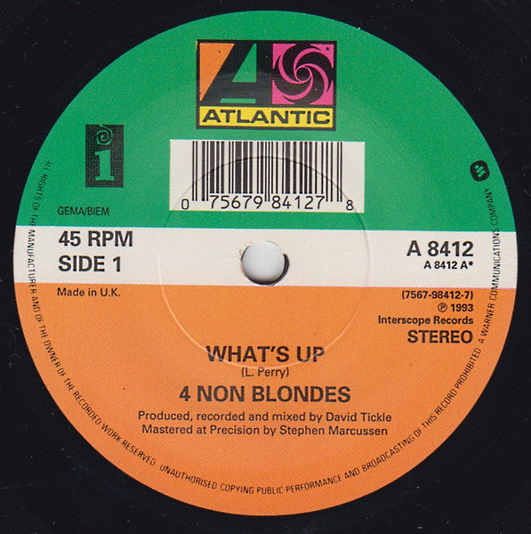 Image of Label Cover of 7" - VG/VG - 4 NON BLONDES, What's Up? (Atlantic ; A 8412, UK 1993, Picture Sleeve), Slight variation, BV in run-outs., - 3316194C