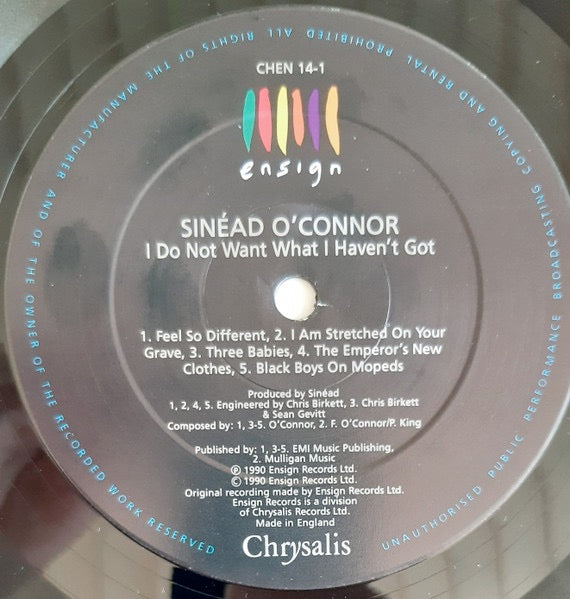 Image of Label Cover of LP - VG/VG+ - SINEAD O'CONNOR, I Do Not Want What I Haven't Got (Ensign; CHEN 14, UK 1990, Card Inner), Edge and ring wear. Some light scratches on rear. Nice clean disc., - 3846111S