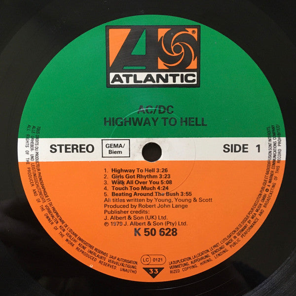 Image of Label Cover of LP - VG/VG - AC/DC, Highway to Hell (Atlantic Green & Orange Labels; ATL 50 628, Germany 1980s Reissue, No Barcode, GEMA/Biem, Strawberry/SNB Runouts), Strong VG, - 0716323C