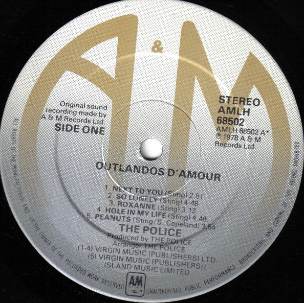 Image of Label Cover of LP - VG/VG - THE POLICE, Outlandos D'Amour (A&M; AMLH 68502, UK 1978, Rim text at bottom of label), Gold promo sticker on front sleeve., - 3126139E