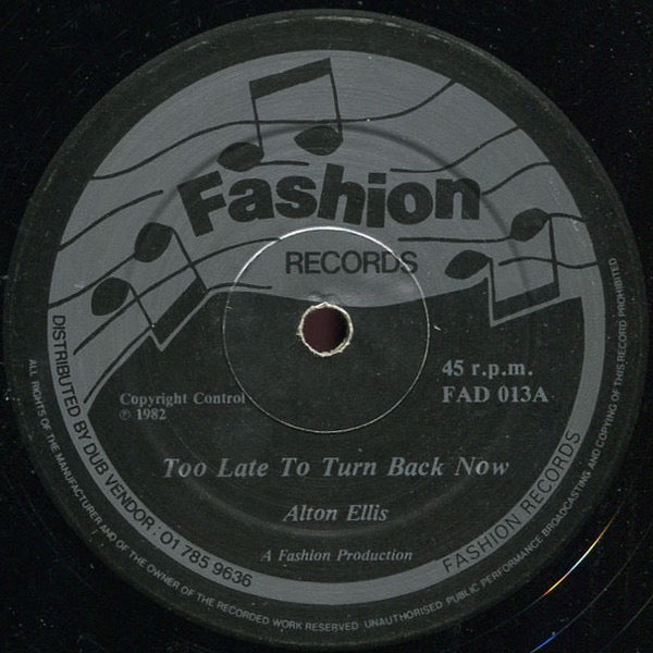 Image of Label Cover of 12" - VG/G - ALTON ELLIS, Too Late To Turn Back Now (Fashion Records; FAD 013, UK 1982, Company Sleeve), Marks on label and many surface marks. Plays G+/VG, - 3146292S