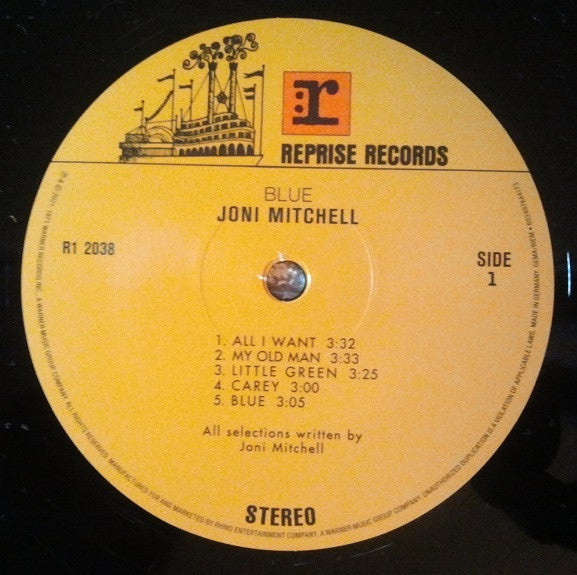 Image of Label Cover of LP - NEW/NEW - JONI MITCHELL, Blue (Rhino; 0081227882549, UK 2022 Reissue, Gatefold, Inner, 180 Gram Vinyl, Remastered by Bernie Grundman), , The definitive female singer songwriter album of the 70's 1971's Blue is just about as perfect as an album can be. 10 immaculate songs that re-defined songwriting, Joni had some classics under her belt by the time she recorded this masterpiece but it was Blue that signalled just what a seminal writer and performer she was. - 6036078E
