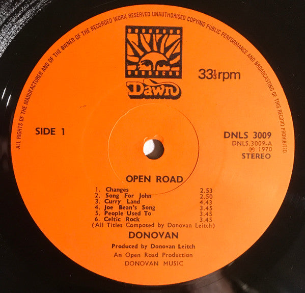 Image of Label Cover of 4724034E: LP - DONOVAN, Open Road (Dawn; DNLS 3009, UK 1970, Gatefold, With Cat No on Rear Sleeve) VG/VG+