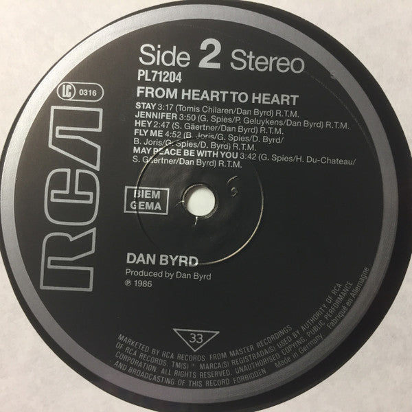 Image of Label Cover of 4724223E: LP - DAN BYRD, From Heart To Heart (RCA; PL 71204, Europe 1986) VG/VG