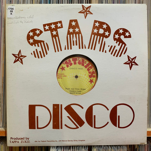 Image of Front Cover of 4915330C: 12" - KNOWLEDGE / MUSICALLY INTIMIDATORS, Fools And Their Money / Good Luck My Friends (Stars; , Jamaica 1977, Stars Company Sleeve) Disc shows lots of lines, plays like a nice VG nonetheless. Lots of wear on Stars sleeve, still looks great. G+/VG