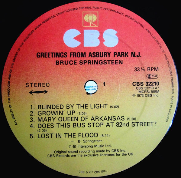 Image of Label Cover of LP - VG/VG+ - BRUCE SPRINGSTEEN, Greetings From Asbury Park (CBS Orange/Yellow Nice Price; CBS 32210, UK 1984 Reissue, Advert sheet & Company Inner, Stickered Sleeve), , - 3746231S