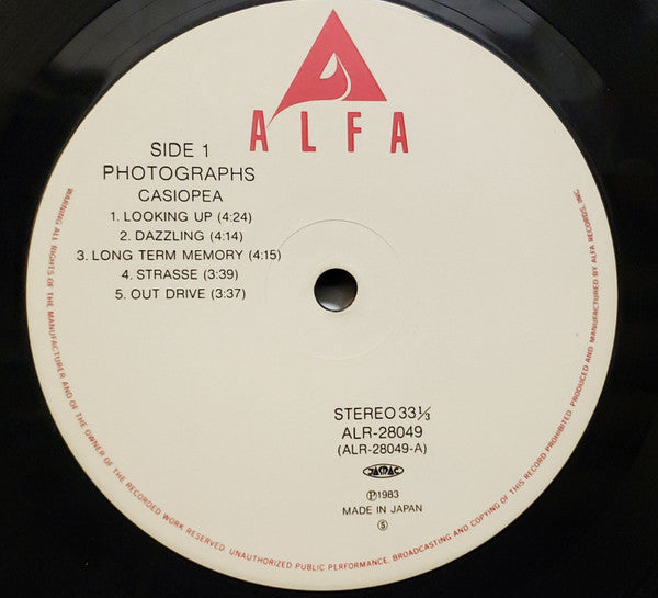 Image of Label Cover of LP - VG/VG+ - CASIOPEA, Photographs (Alfa; ALR-28049, Japan 1983, Insert, Sticker Set (2 of 3), Missing the OBI), Ringwear., - 4026138E