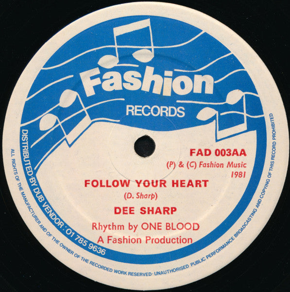 Image of Back Cover of 12" - VG/VG+ - DEE SHARP, Swing And Dine / Follow Your Heart (Fashion Records ; FAD 003, UK 1981, Company Sleeve), Light staining on company sleeve., - 2346168S